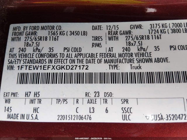44925067 :رقم المزاد ، 1FTEW1EFXGKD27172 vin ، 2016 Ford F-150 Lariat مزاد بيع