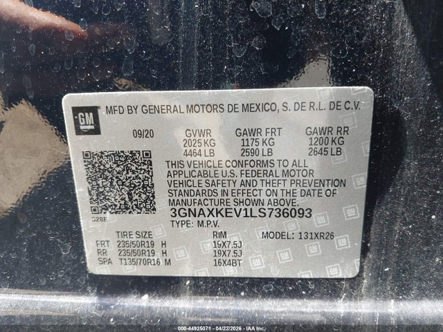 44925071 :رقم المزاد ، 3GNAXKEV1LS736093 vin ، 2020 Chevrolet Equinox Fwd Lt 1.5l Turbo مزاد بيع