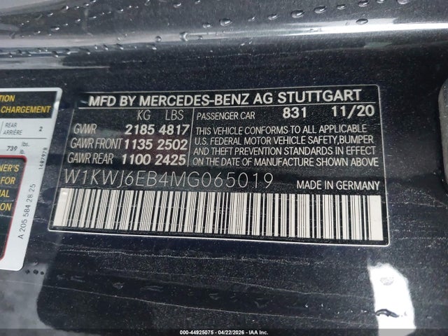 Продаж на аукціоні авто 2021 Mercedes-benz Amg C 43 4matic, vin: W1KWJ6EB4MG065019, номер лоту: 44925075