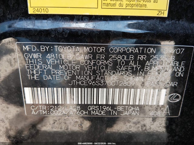 44925080 :رقم المزاد ، JTHCE96S370012809 vin ، 2007 Lexus Gs 350 مزاد بيع