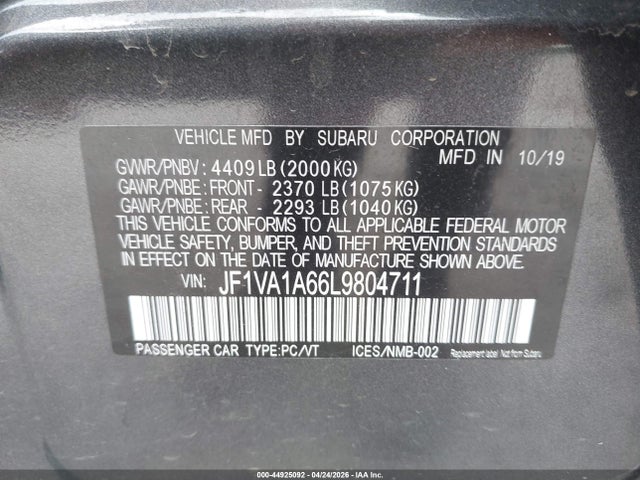 Продаж на аукціоні авто 2020 Subaru Wrx, vin: JF1VA1A66L9804711, номер лоту: 44925092