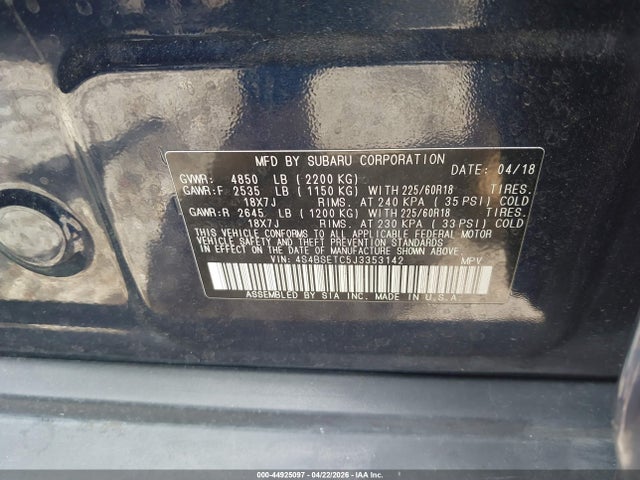 44925097 :رقم المزاد ، 4S4BSETC5J3353142 vin ، 2018 Subaru Outback 3.6r Touring مزاد بيع
