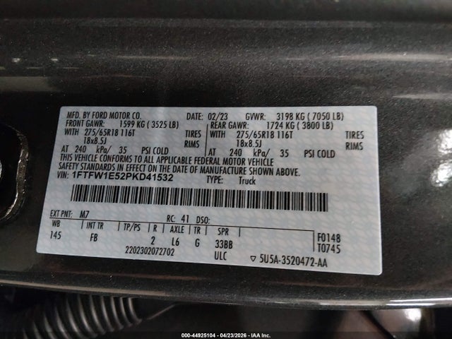 Aukcja sprzedaży 2023 Ford F-150 Xlt, vin: 1FTFW1E52PKD41532, numer aukcji: 44925104