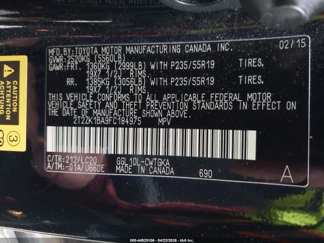 44925106 :رقم المزاد ، 2T2ZK1BA9FC184975 vin ، 2015 Lexus Rx 350 مزاد بيع