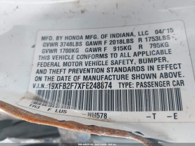Honda CIVIC SE 2015 19XFB2F7XFE248874 Image 9