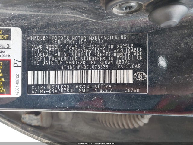 Продажа на аукционе авто 2012 Toyota Camry Se, vin: 4T1BF1FK9CU078338, номер лота: 44925113
