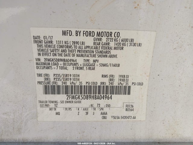 Ford Flex Limited 2017 2FMGK5D89HBA04964 Image 9