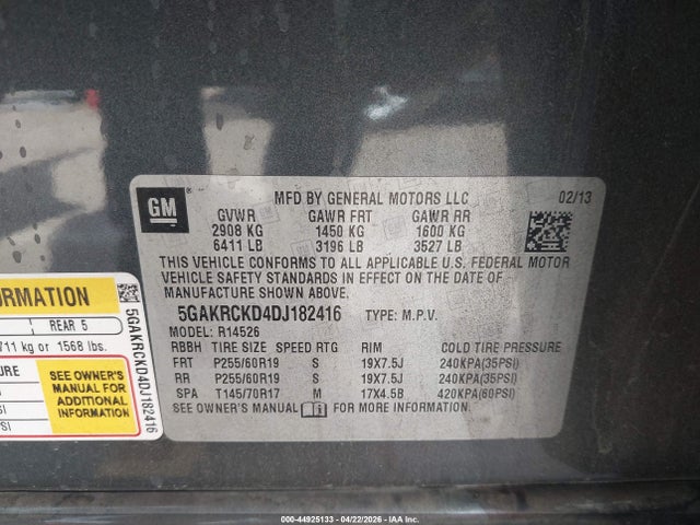 Aukcja sprzedaży 2013 Buick Enclave Leather, vin: 5GAKRCKD4DJ182416, numer aukcji: 44925133