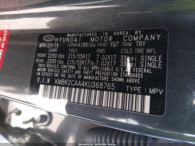 Aukcja sprzedaży 2019 Hyundai Kona Sel, vin: KM8K2CAA4KU368765, numer aukcji: 44925134