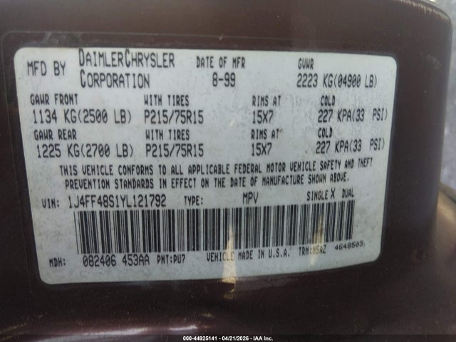 Продажа на аукционе авто 2000 Jeep Cherokee Sport, vin: 1J4FF48S1YL121792, номер лота: 44925141