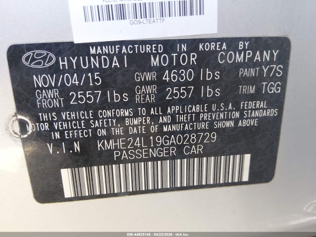 Aukcja sprzedaży 2016 Hyundai Sonata Hybrid Se, vin: KMHE24L19GA028729, numer aukcji: 44925145