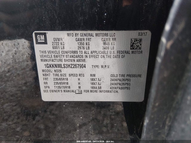 Aukcja sprzedaży 2017 Gmc Acadia Slt-1, vin: 1GKKNMLS3HZ267904, numer aukcji: 44925148