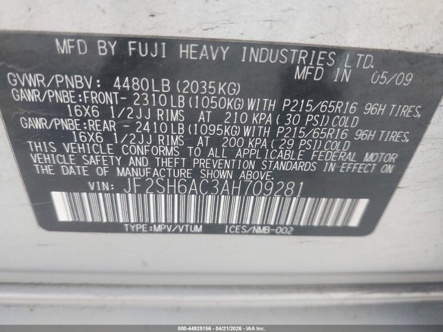 Aukcja sprzedaży 2010 Subaru Forester 2.5x, vin: JF2SH6AC3AH709281, numer aukcji: 44925156