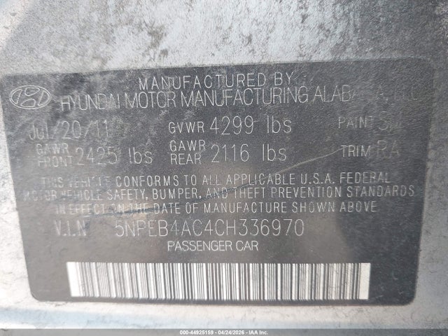 Продаж на аукціоні авто 2012 Hyundai Sonata Gls, vin: 5NPEB4AC4CH336970, номер лоту: 44925159