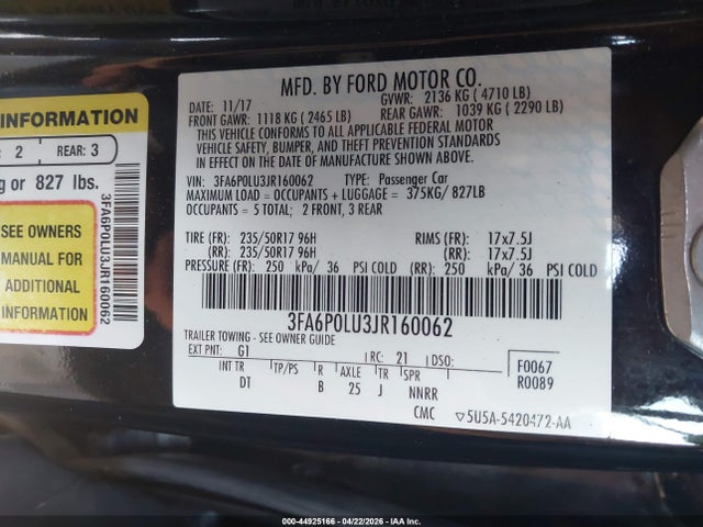44925166 :رقم المزاد ، 3FA6P0LU3JR160062 vin ، 2018 Ford Fusion Hybrid Se مزاد بيع