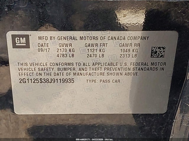 44925171 :رقم المزاد ، 2G1125S38J9119935 vin ، 2018 Chevrolet Impala 2lz مزاد بيع