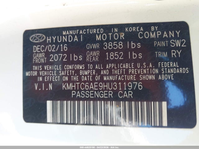 44925190 :رقم المزاد ، KMHTC6AE9HU311976 vin ، 2017 Hyundai Veloster Turbo مزاد بيع