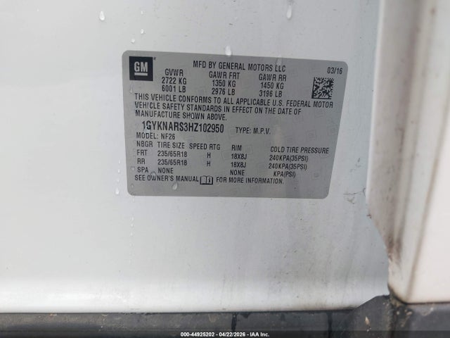 Продажа на аукционе авто 2017 Cadillac Xt5 Standard, vin: 1GYKNARS3HZ102950, номер лота: 44925202
