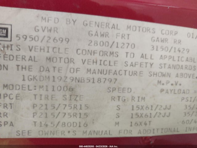 44925205 :رقم المزاد ، 1GKDM19Z9NB518797 vin ، 1992 Gmc Safari Xt مزاد بيع