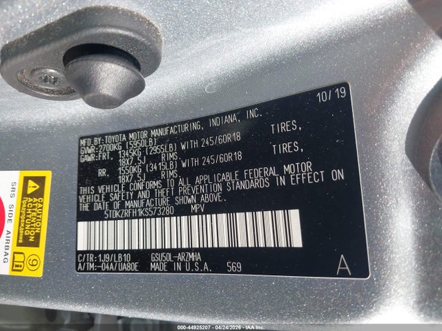 44925207 :رقم المزاد ، 5TDKZRFH1KS573280 vin ، 2019 Toyota Highlander Xle مزاد بيع