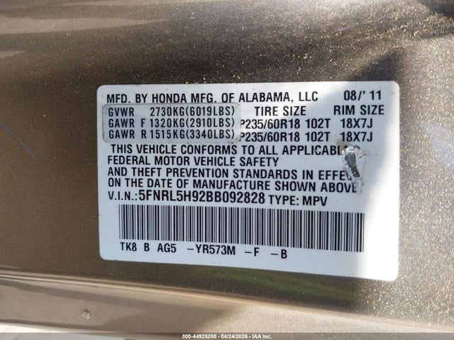 44925208 :رقم المزاد ، 5FNRL5H92BB092828 vin ، 2011 Honda Odyssey Touring/touring Elite مزاد بيع