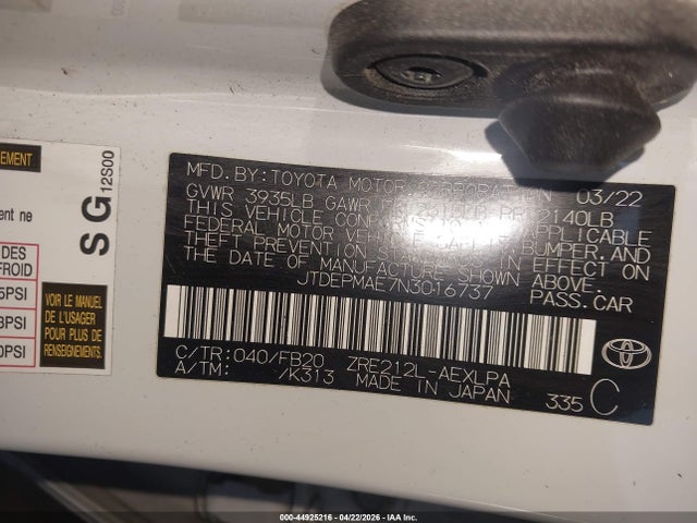 2022 Toyota Corolla Le მანქანა იყიდება აუქციონზე, vin: JTDEPMAE7N3016737, აუქციონის ნომერი: 44925216