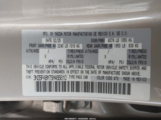 44925217 :رقم المزاد ، 3MZBPABM7SM466810 vin ، 2025 Mazda Mazda3 2.5 S Select Sport مزاد بيع