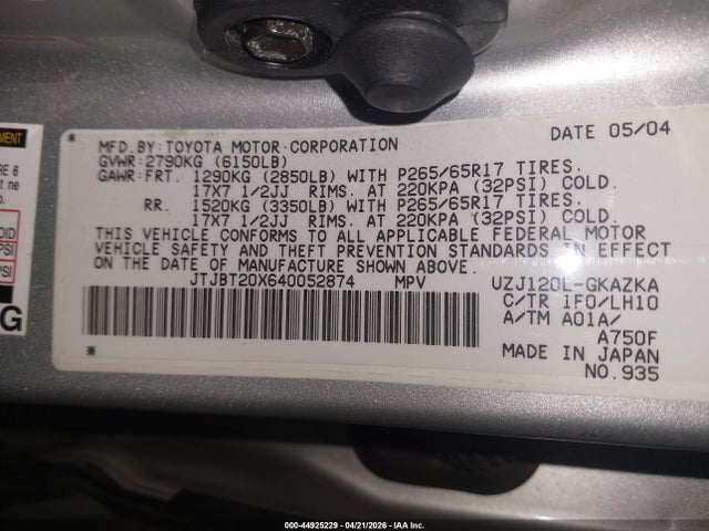 44925229 :رقم المزاد ، JTJBT20X640052874 vin ، 2004 Lexus Gx 470 مزاد بيع