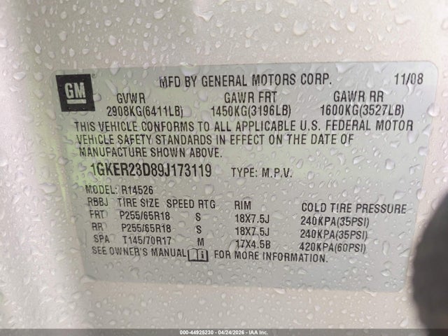 Aukcja sprzedaży 2009 Gmc Acadia Slt-1, vin: 1GKER23D89J173119, numer aukcji: 44925230