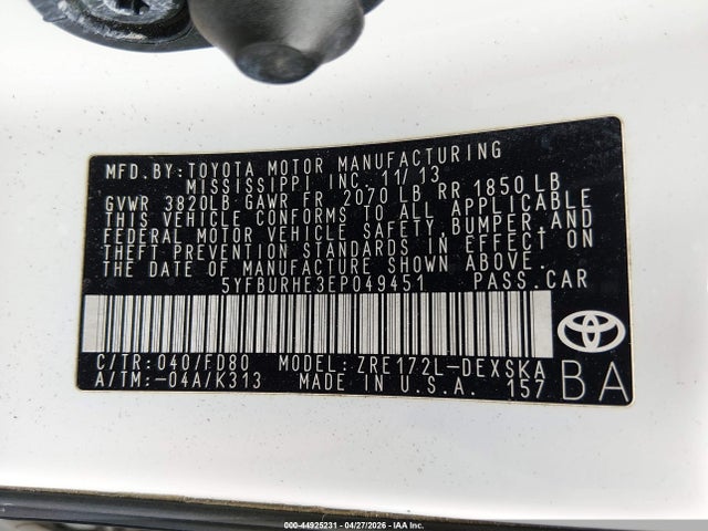 2014 Toyota Corolla S/s Plus/s Premium მანქანა იყიდება აუქციონზე, vin: 5YFBURHE3EP049451, აუქციონის ნომერი: 44925231