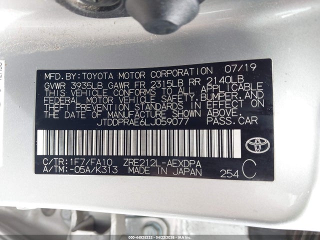 2020 Toyota Corolla L მანქანა იყიდება აუქციონზე, vin: JTDDPRAE6LJ059077, აუქციონის ნომერი: 44925232