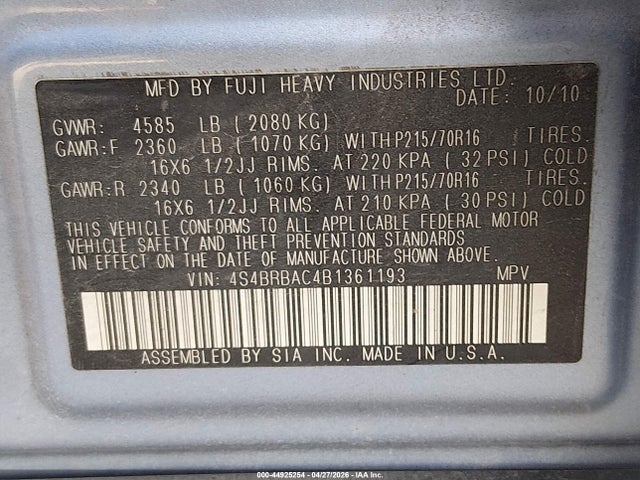 2011 Subaru Outback 2.5i მანქანა იყიდება აუქციონზე, vin: 4S4BRBAC4B1361193, აუქციონის ნომერი: 44925254