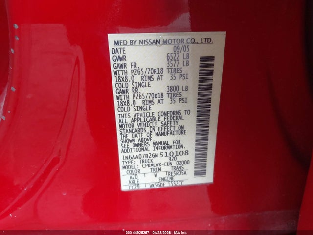 Aukcja sprzedaży 2006 Nissan Titan Le, vin: 1N6AA07B26N510108, numer aukcji: 44925257