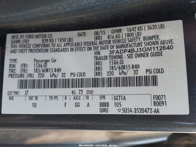 44925265 :رقم المزاد ، 3FADP4BJ3GM112640 vin ، 2016 Ford Fiesta Se مزاد بيع