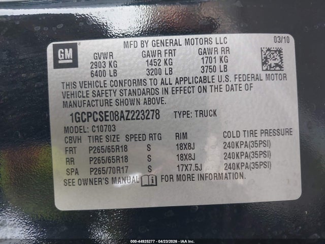 44925277 :رقم المزاد ، 1GCPCSE08AZ223278 vin ، 2010 Chevrolet Silverado 1500 Lt مزاد بيع