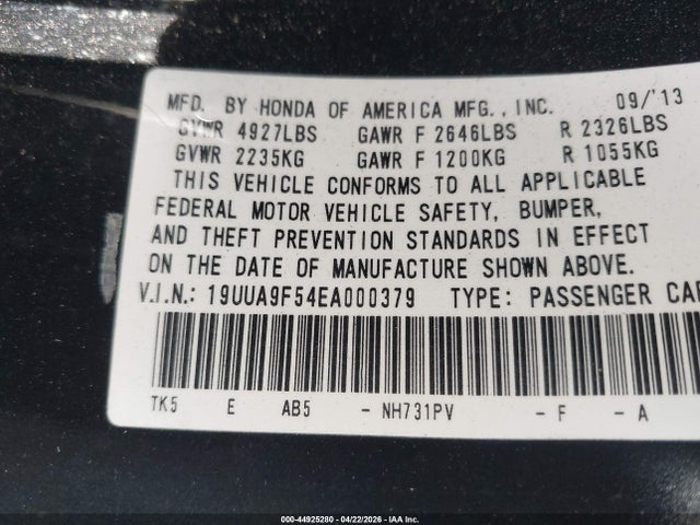 44925280 :رقم المزاد ، 19UUA9F54EA000379 vin ، 2014 Acura Tl Tech مزاد بيع