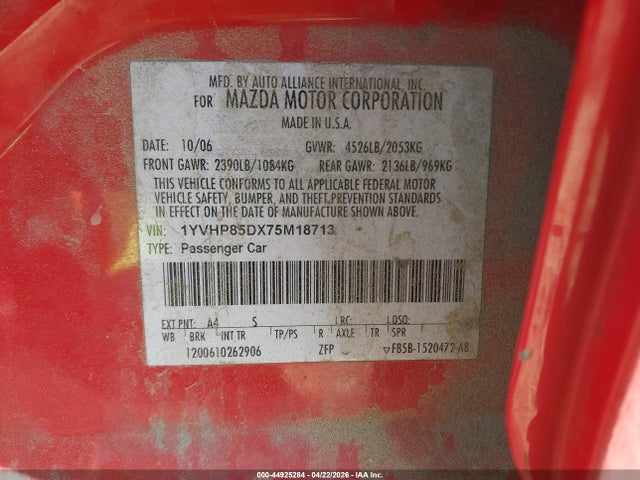 44925284 :رقم المزاد ، 1YVHP85DX75M18713 vin ، 2007 Mazda Mazda6 S Grand Touring مزاد بيع