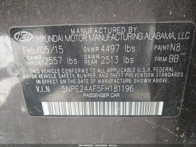 44925291 :رقم المزاد ، 5NPE24AF5FH181196 vin ، 2015 Hyundai Sonata Se مزاد بيع