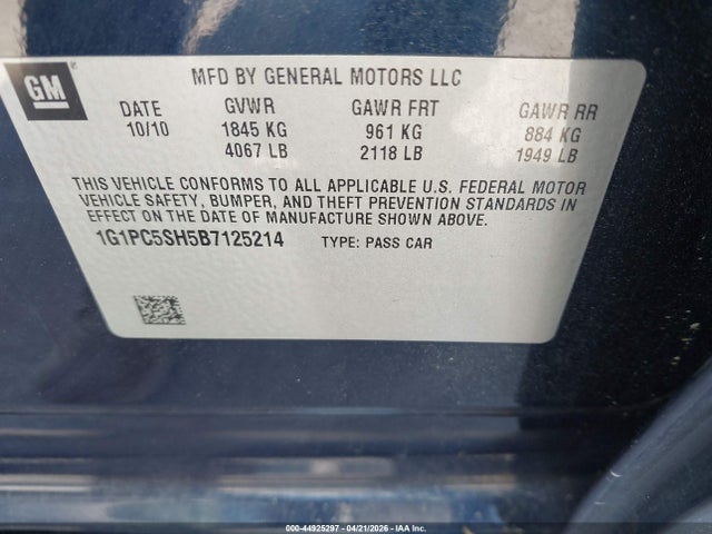 44925297 :رقم المزاد ، 1G1PC5SH5B7125214 vin ، 2011 Chevrolet Cruze Ls مزاد بيع