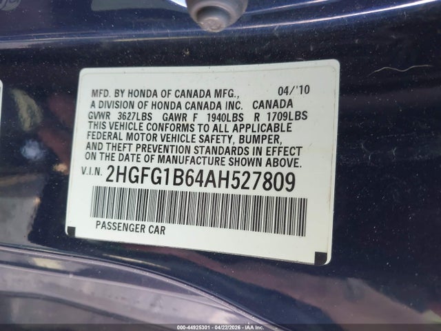 2010 Honda Civic Lx მანქანა იყიდება აუქციონზე, vin: 2HGFG1B64AH527809, აუქციონის ნომერი: 44925301