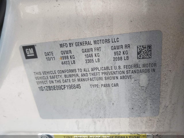 44925302 :رقم المزاد ، 1G1ZB5E09CF196845 vin ، 2012 Chevrolet Malibu Ls مزاد بيع