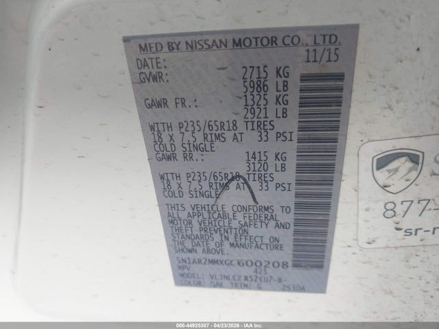 2016 Nissan Pathfinder Platinum/s/sl/sv მანქანა იყიდება აუქციონზე, vin: 5N1AR2MMXGC600208, აუქციონის ნომერი: 44925307