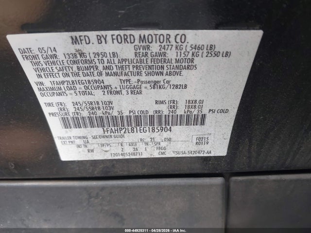 2014 Ford Police Interceptor მანქანა იყიდება აუქციონზე, vin: 1FAHP2L81EG185904, აუქციონის ნომერი: 44925311