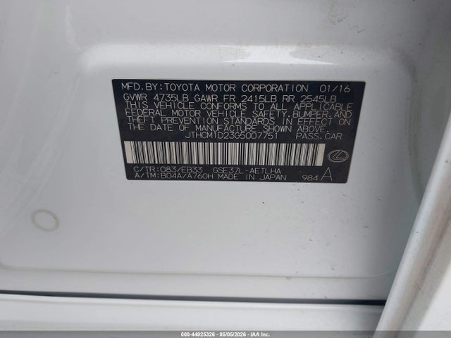 44925326 :رقم المزاد ، JTHCM1D23G5007751 vin ، 2016 Lexus Is 300 مزاد بيع