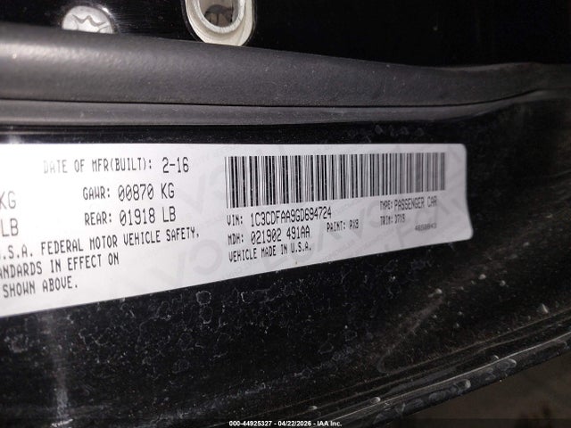 Aukcja sprzedaży 2016 Dodge Dart Se, vin: 1C3CDFAA9GD694724, numer aukcji: 44925327