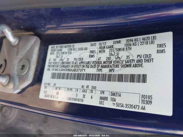 44925341 :رقم المزاد ، 1FMCU0HX9DUB37371 vin ، 2013 Ford Escape Sel مزاد بيع