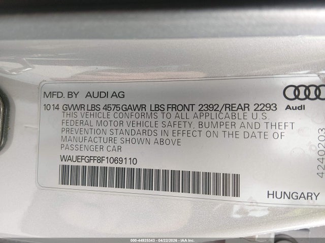 2015 Audi A3 2.0t Premium მანქანა იყიდება აუქციონზე, vin: WAUEFGFF8F1069110, აუქციონის ნომერი: 44925343