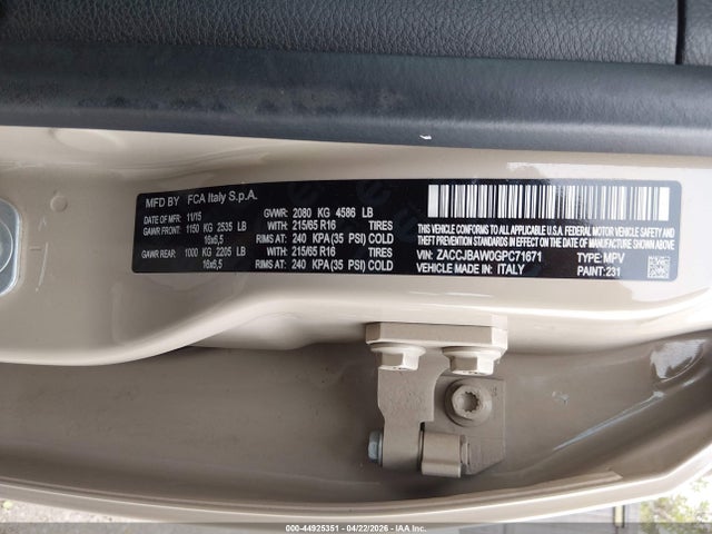 Aukcja sprzedaży 2016 Jeep Renegade Sport, vin: ZACCJBAW0GPC71671, numer aukcji: 44925351
