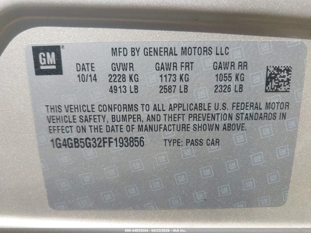 2015 Buick Lacrosse Leather მანქანა იყიდება აუქციონზე, vin: 1G4GB5G32FF193856, აუქციონის ნომერი: 44925354