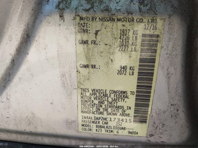44925361 :رقم المزاد ، 1N4AL3AP2HC173415 vin ، 2017 Nissan Altima 2.5 Sl مزاد بيع